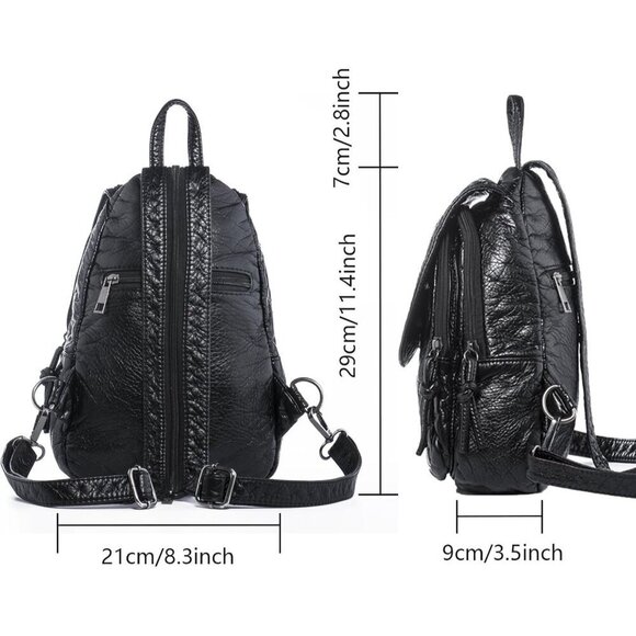 Women Soft Washed PU Black Leather Mini Waterproof Stylish Daypack Shoulder Bag - Picture 2 of 7